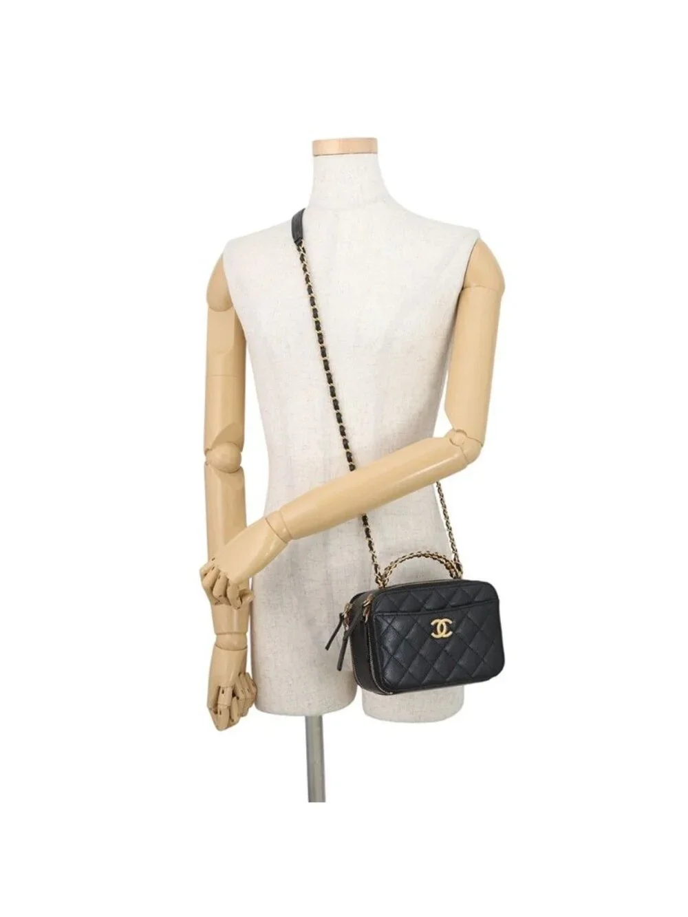 Chanel Chain Shoulder Bag CC Logo Quilted Vanity Top Handle Caviar Leather Black